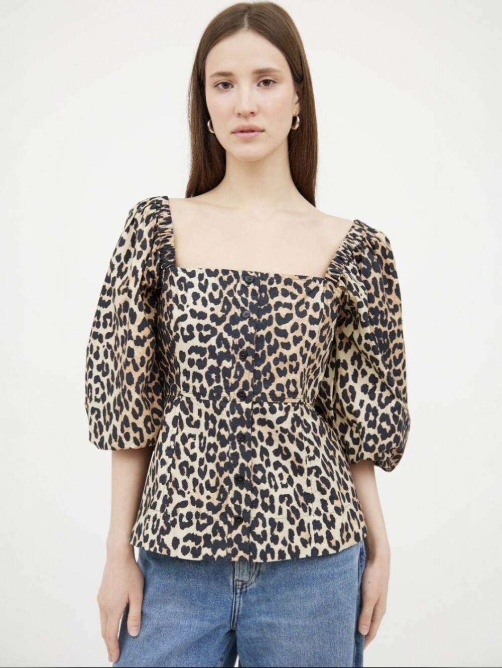 Ganni Leopard Print Square-Neck Puff Sleeve Top - Black & Tan